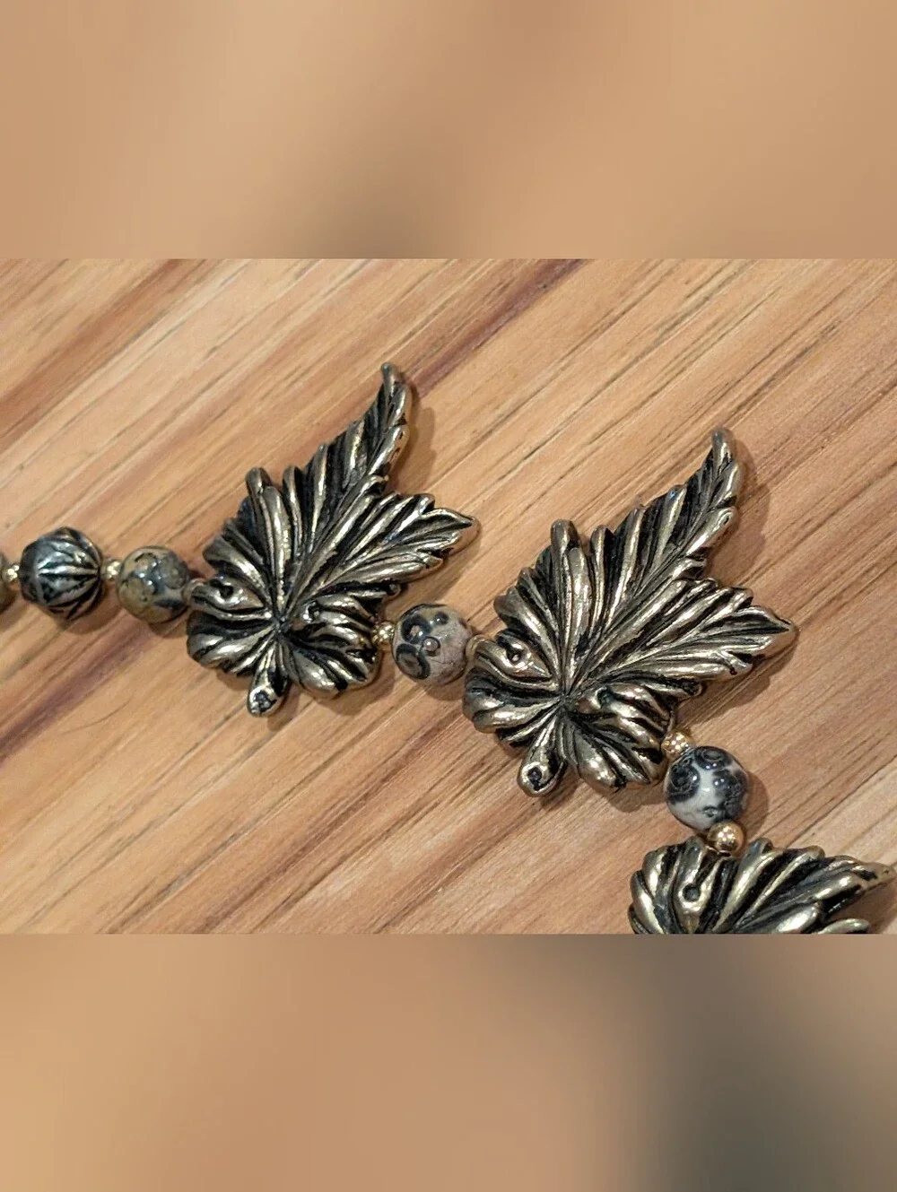 Leaf Pendant Bead Necklace and Earrings Set - Antiqued Gold and Jasper Stone
